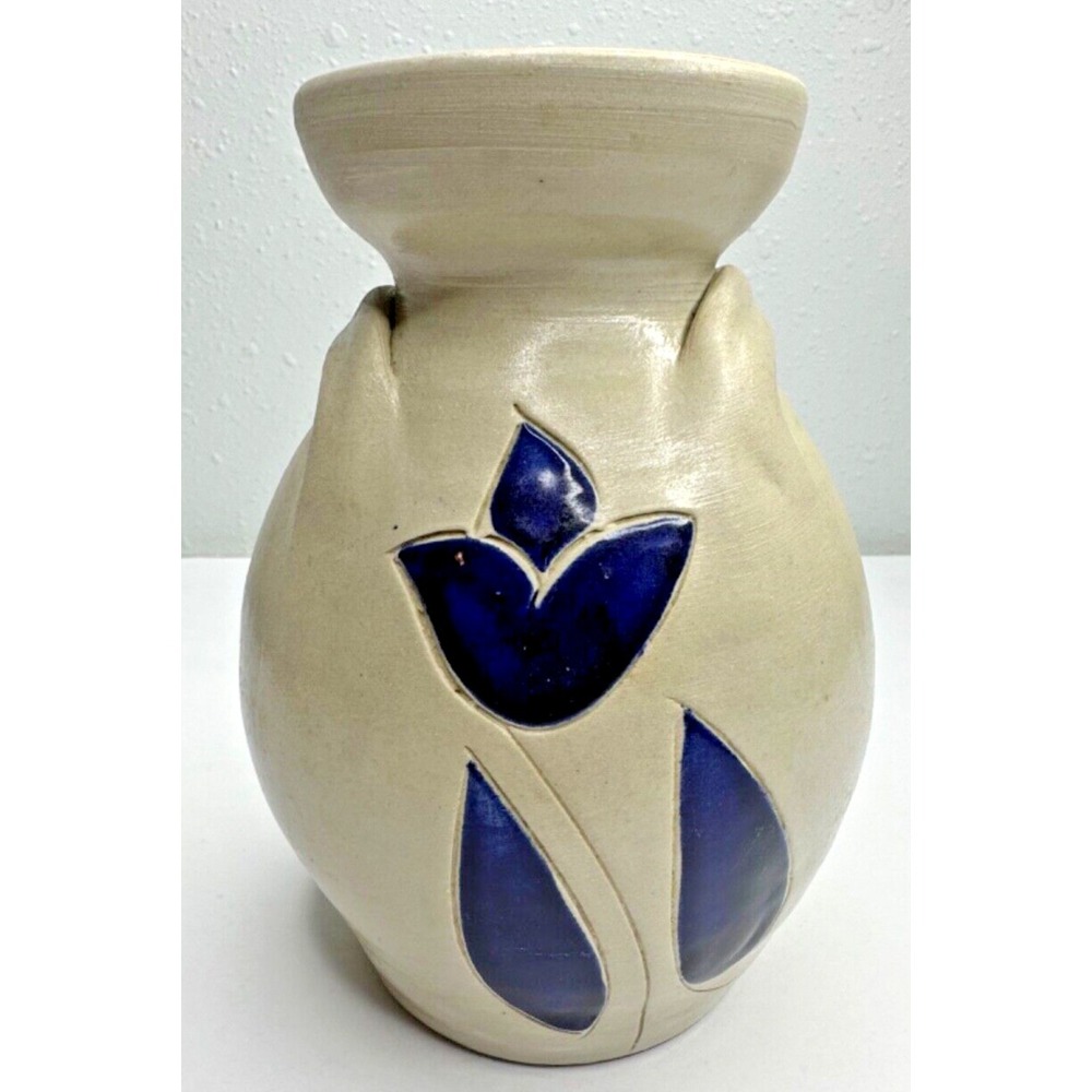 Williamsburg Pottery Factory Salt Glazed Vase Crock Blue Flower & Leaf Design